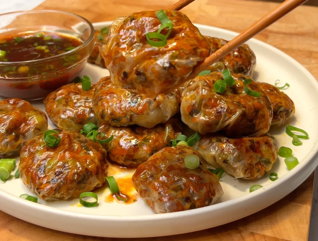 Dumplings al horno de papel de arroz con tofu y champiñones