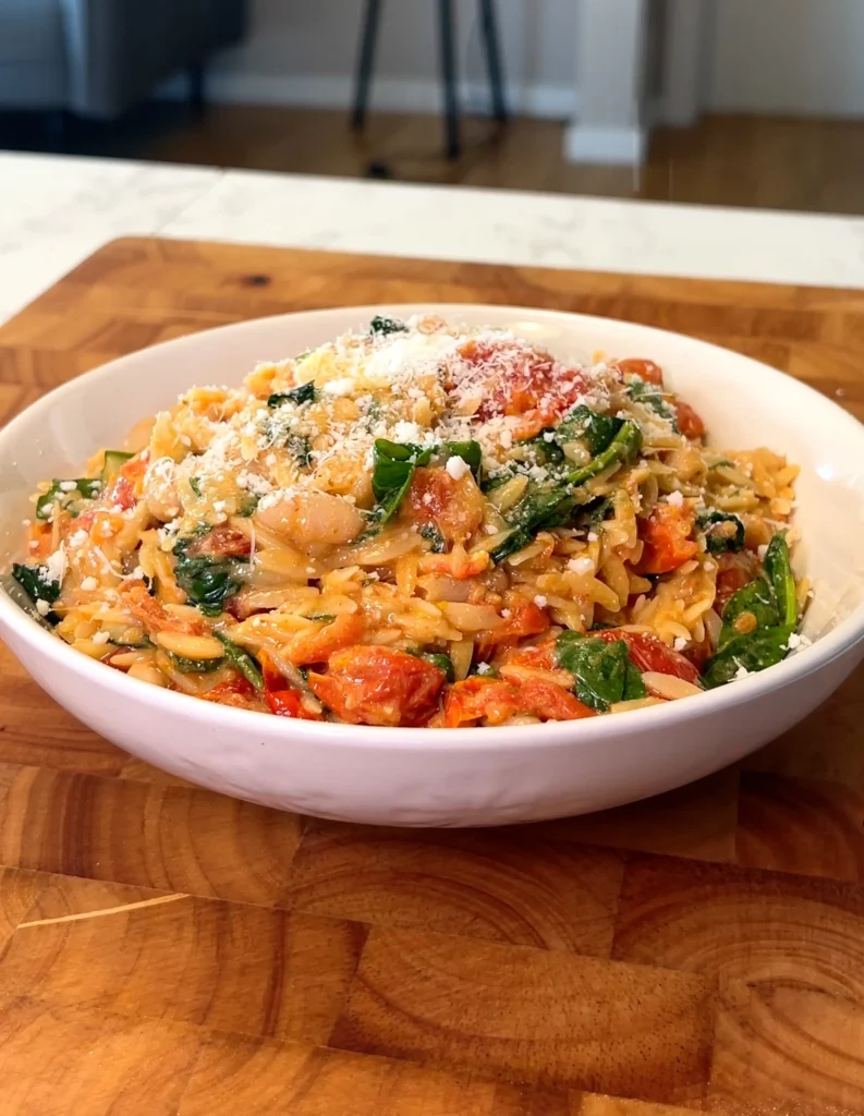 Orzo al horno en una bandeja con tomates cherry asados