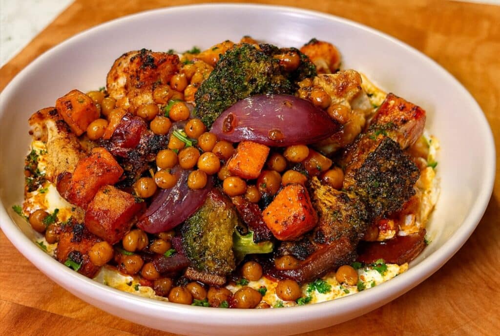 Verduras asadas con aderezo cremoso de tahini y yogur