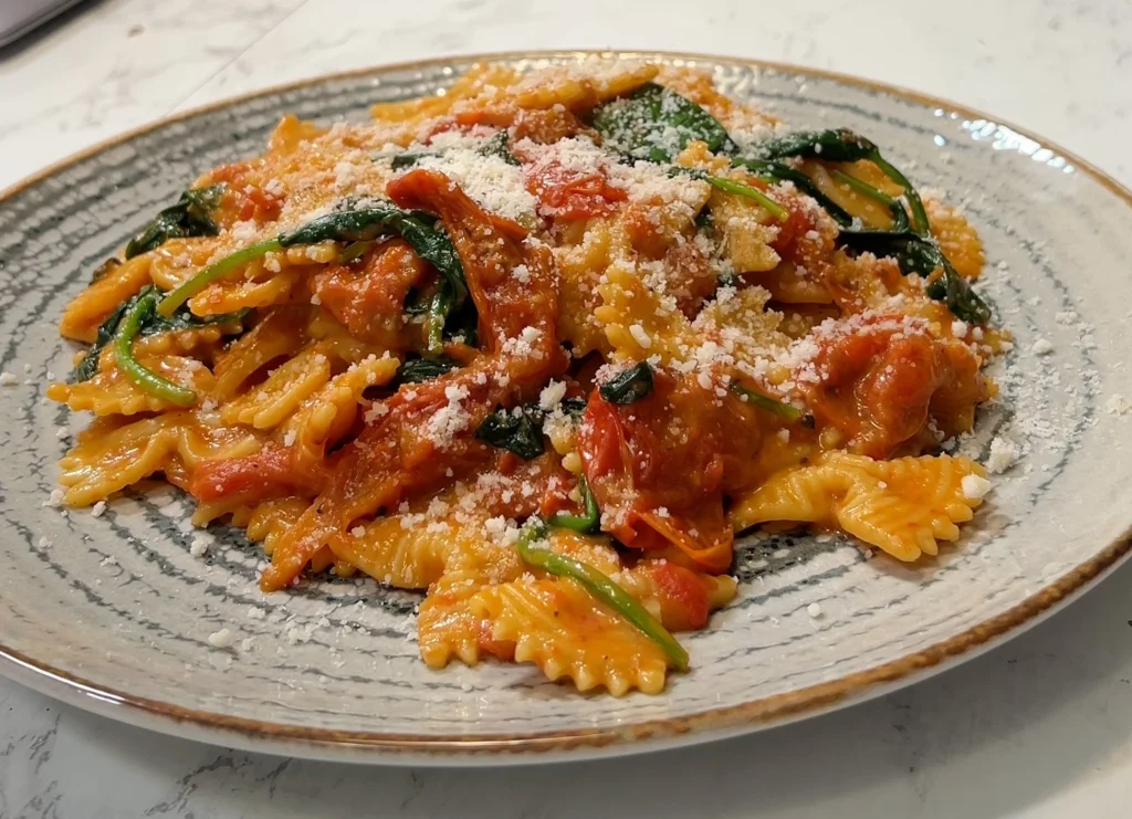 Pasta con Tomates Cherry y Espinacas en Salsa Vegana Cremosa